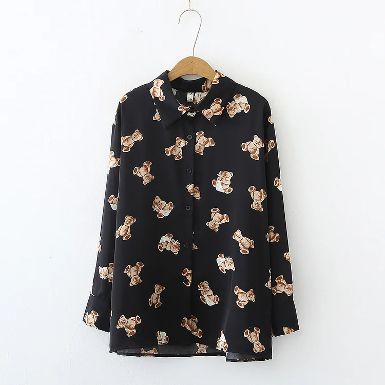 Women's Shirt Teddy Bear Pattern Long Sleeve Light Weight Chiffon Shirt