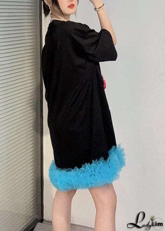 Black Patchwork Cotton T Shirts Dress Ruffled Floral Summer