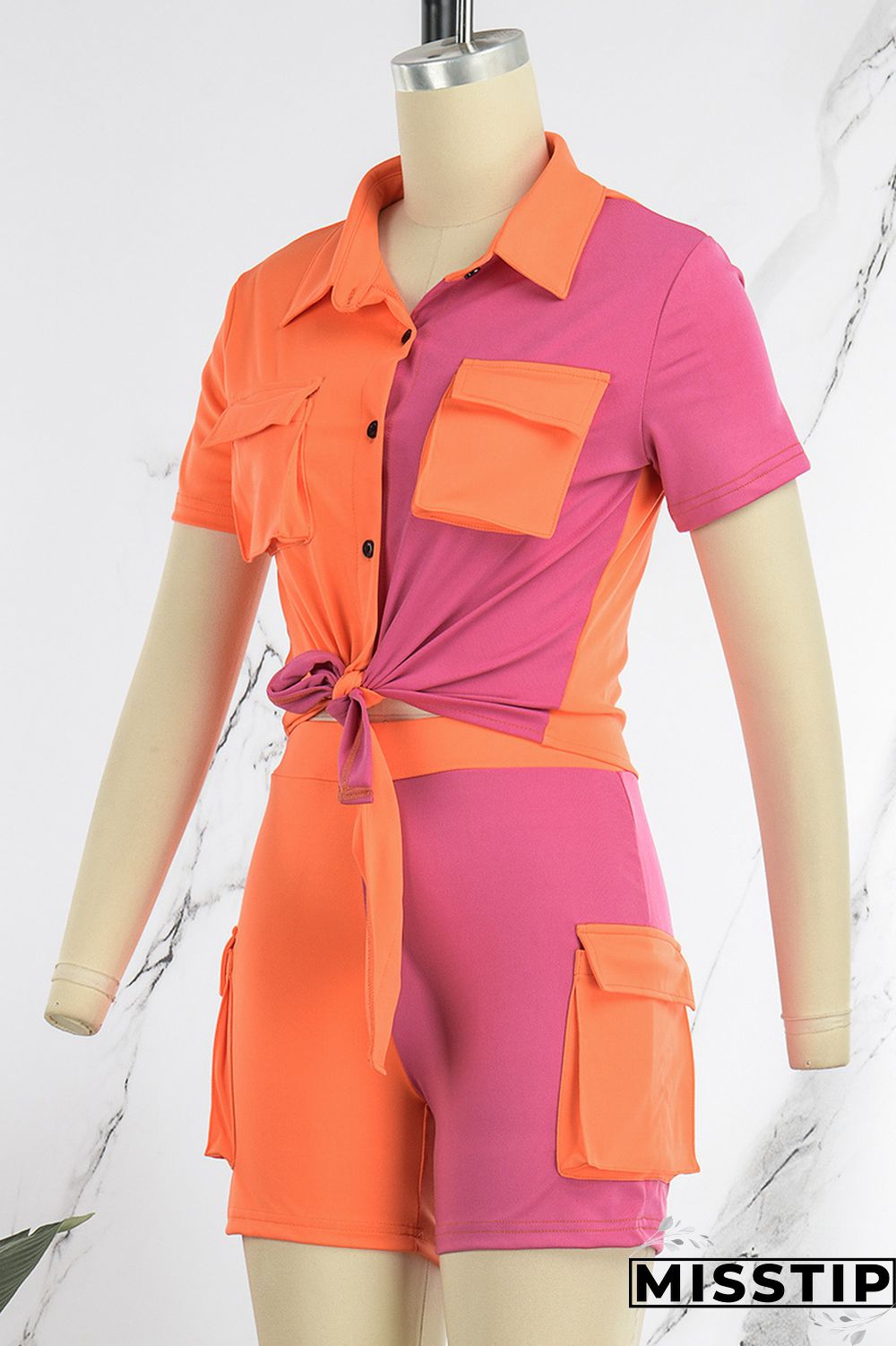 Blue Casual Patchwork Contrast Shirt Collar Short Sleeve Two Pieces