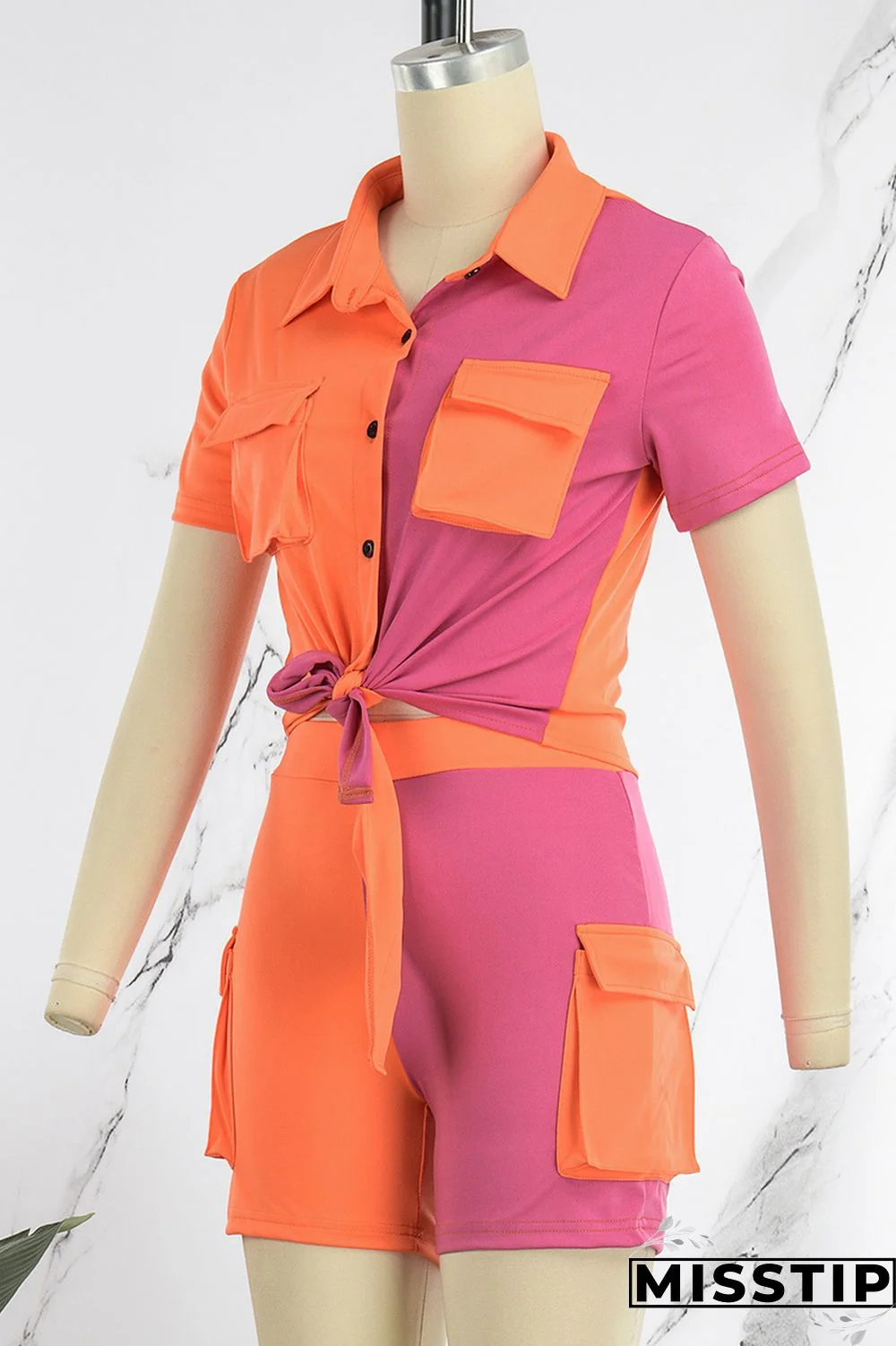 Blue Casual Patchwork Contrast Shirt Collar Short Sleeve Two Pieces