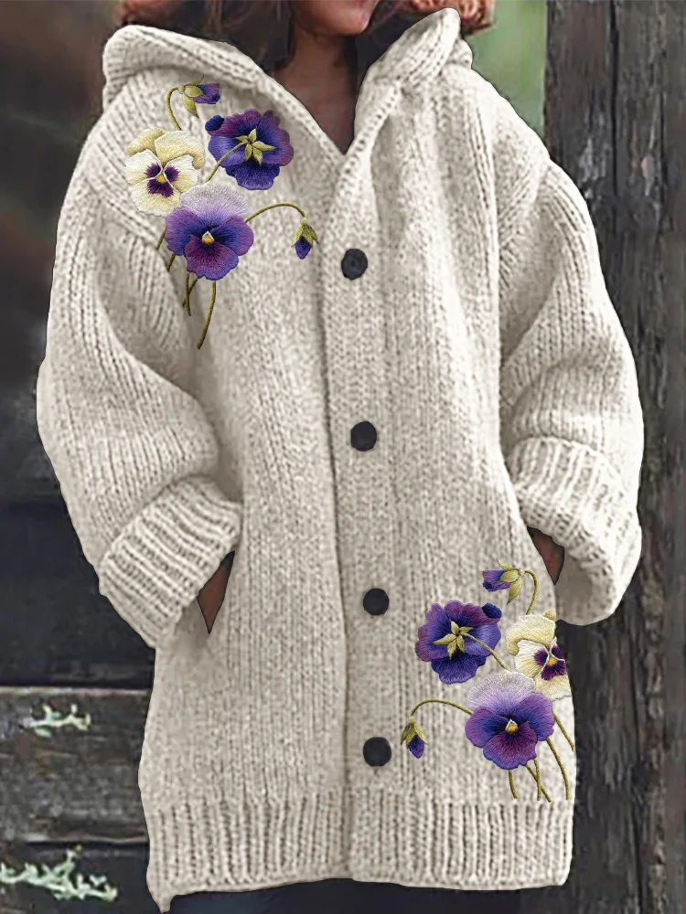 VChics Pansy Flowers Embroidery Cozy Knit Hooded Cardigan
