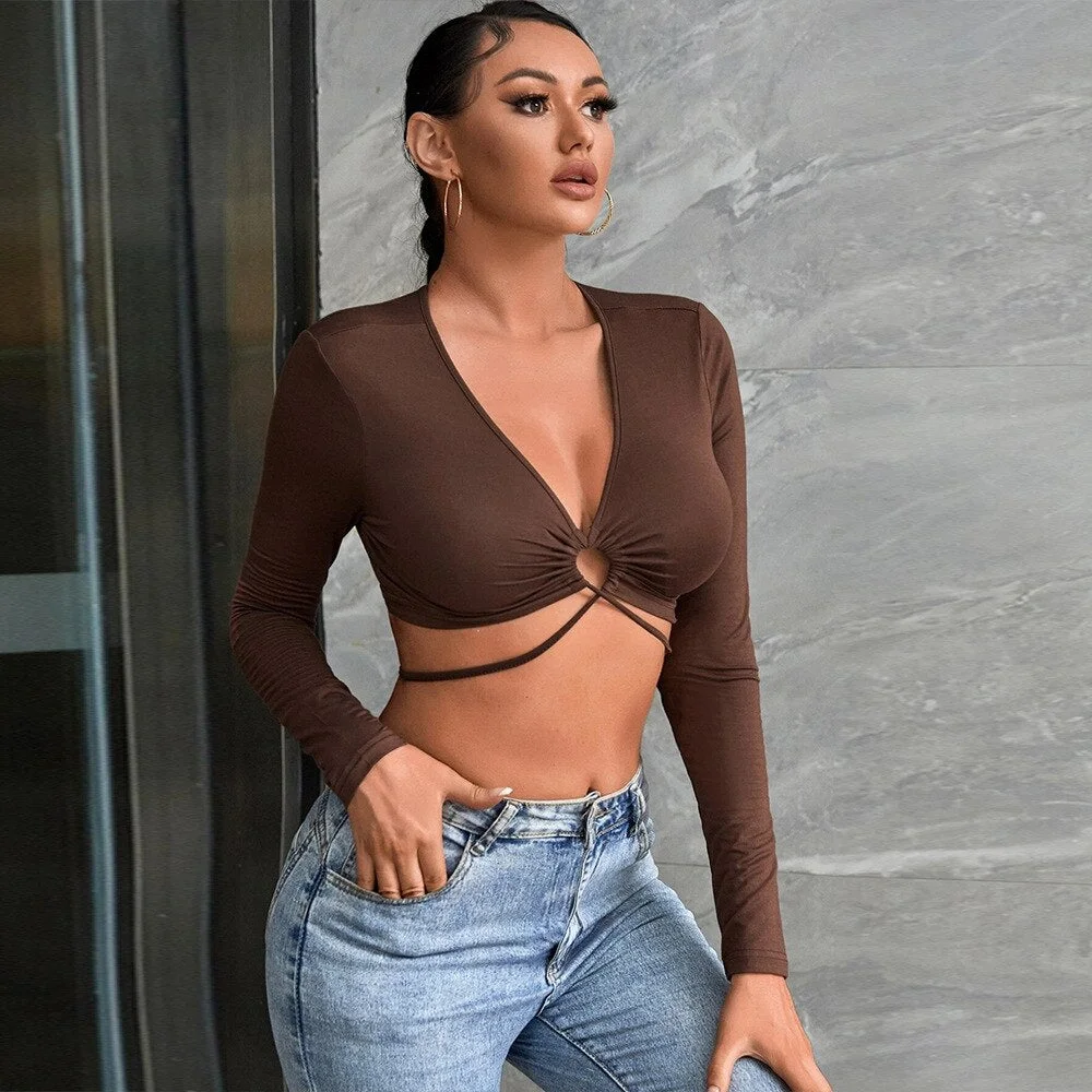 Sonicelife  Women Solid Color Lace-up Hollow T-shirt 2023 New Autumn Ladies  Slim Fit Long Sleeves V Neck Cutout Streetwear Crop Tops