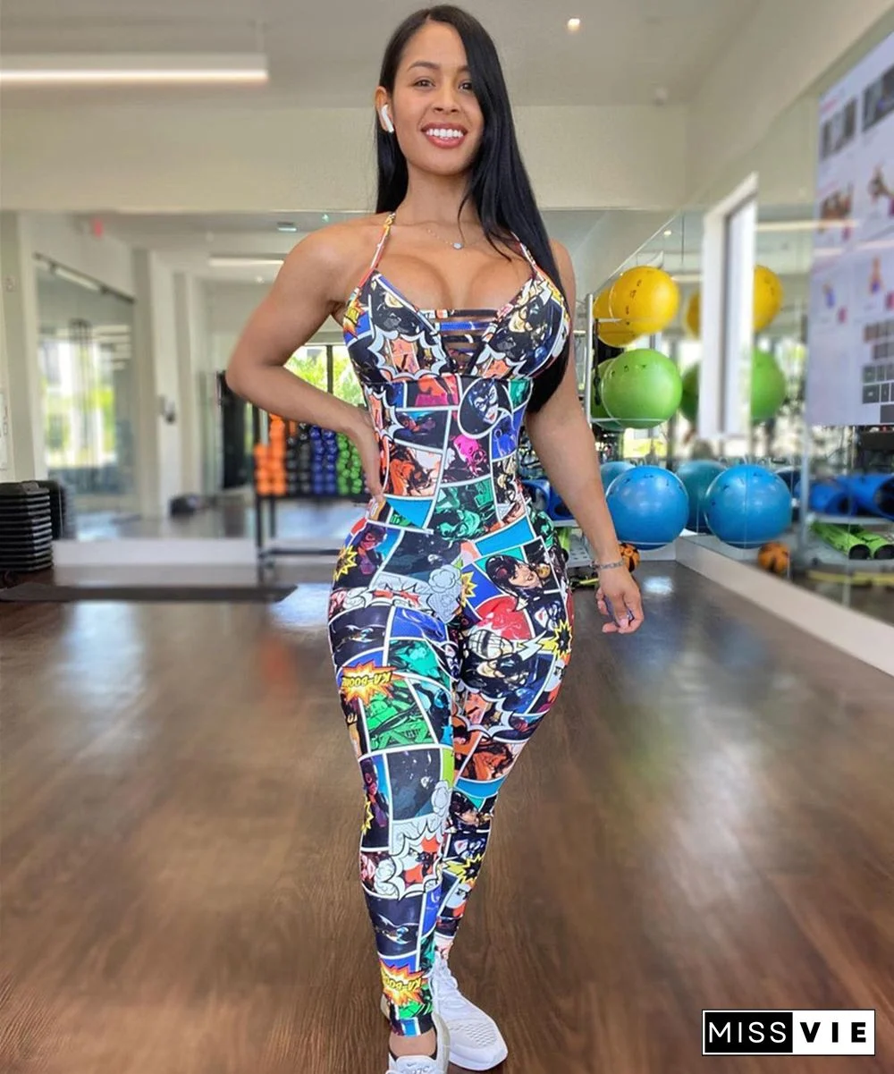 Cartoon Print Backless Bodycon Fitness Jumpsuit