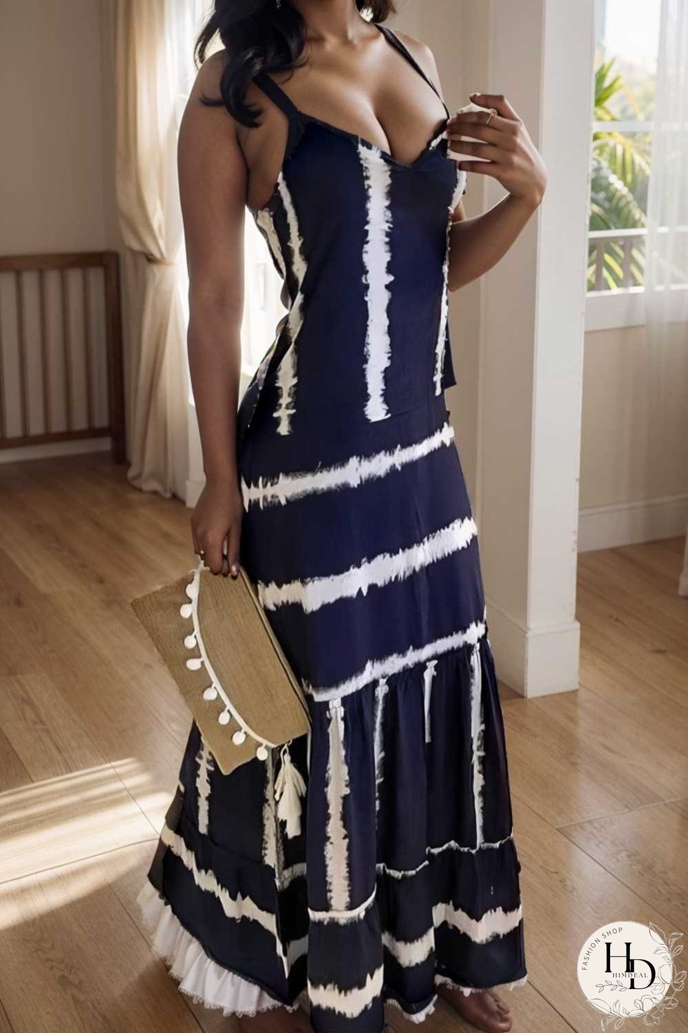 sling stripe print sleeveless fitted dress