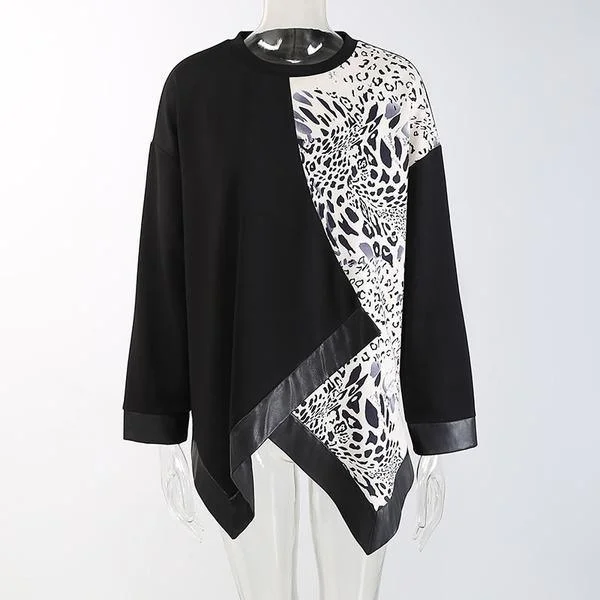 Ltopard Patchwork Women Sweatshirt Winter Fashion New Contrast Color O Neck Collar Pullove