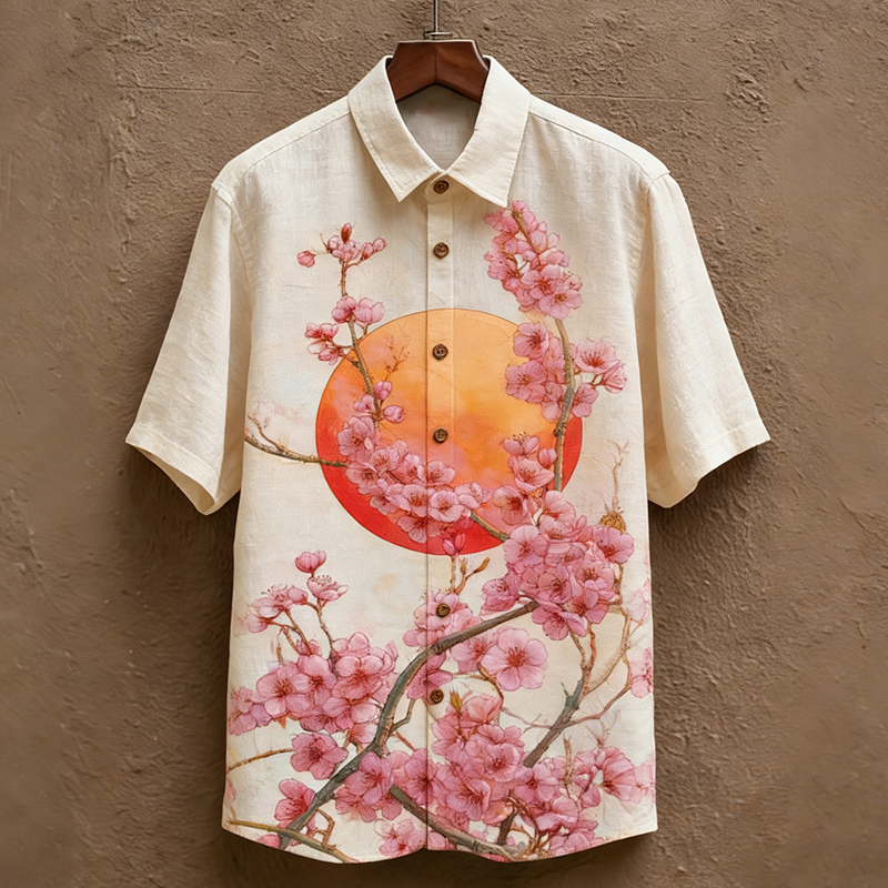 Men's Japanese-style Artistic Floral Print Short-sleeved Shirt  artssus