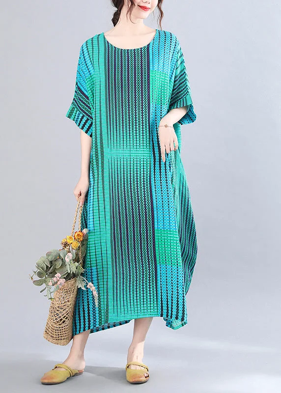 Classy Green Striped Print Holiday Long Dress Short Sleeve