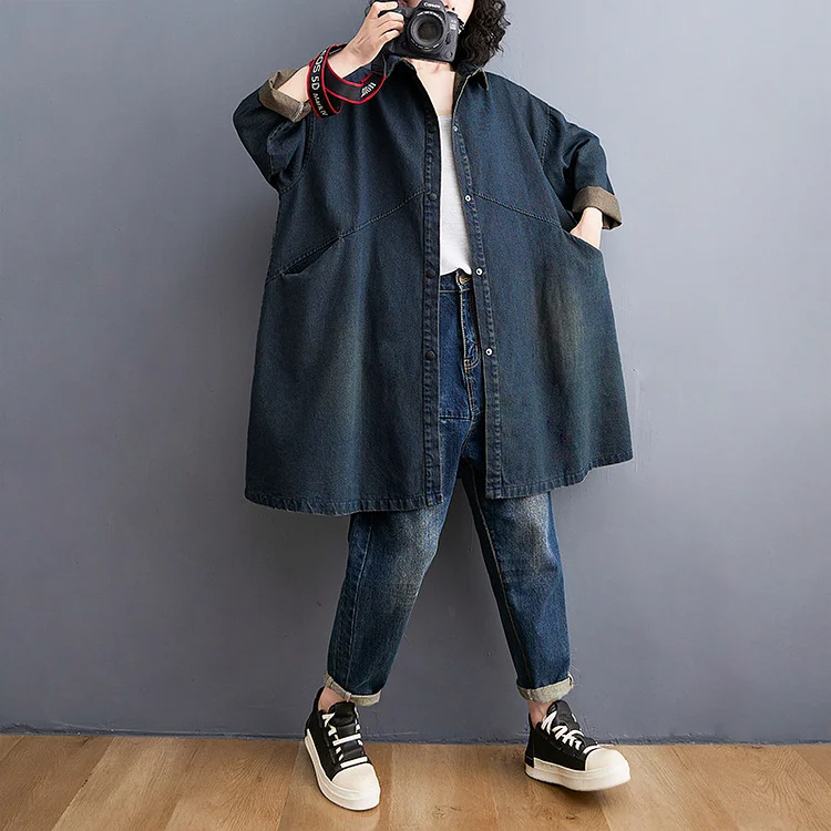 Loose Vintage Solid Color Mid-Length Denim Jacket