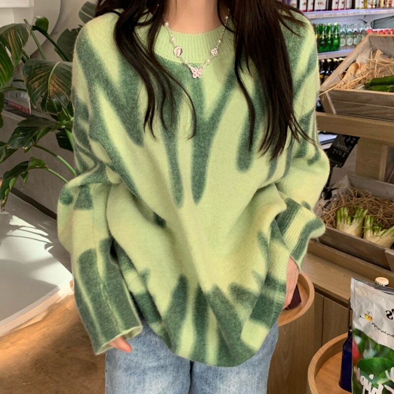 Knitted Sweater Women Elegant Green Striped Oversized Pullovers