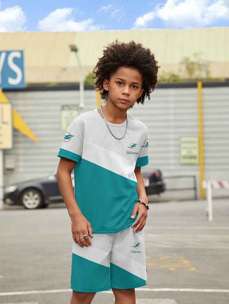 Miami Dolphins  New Design Kids（5-14Y)' Casual Crew Neck T-shirt And Drawstring Shorts  2pcs/Set