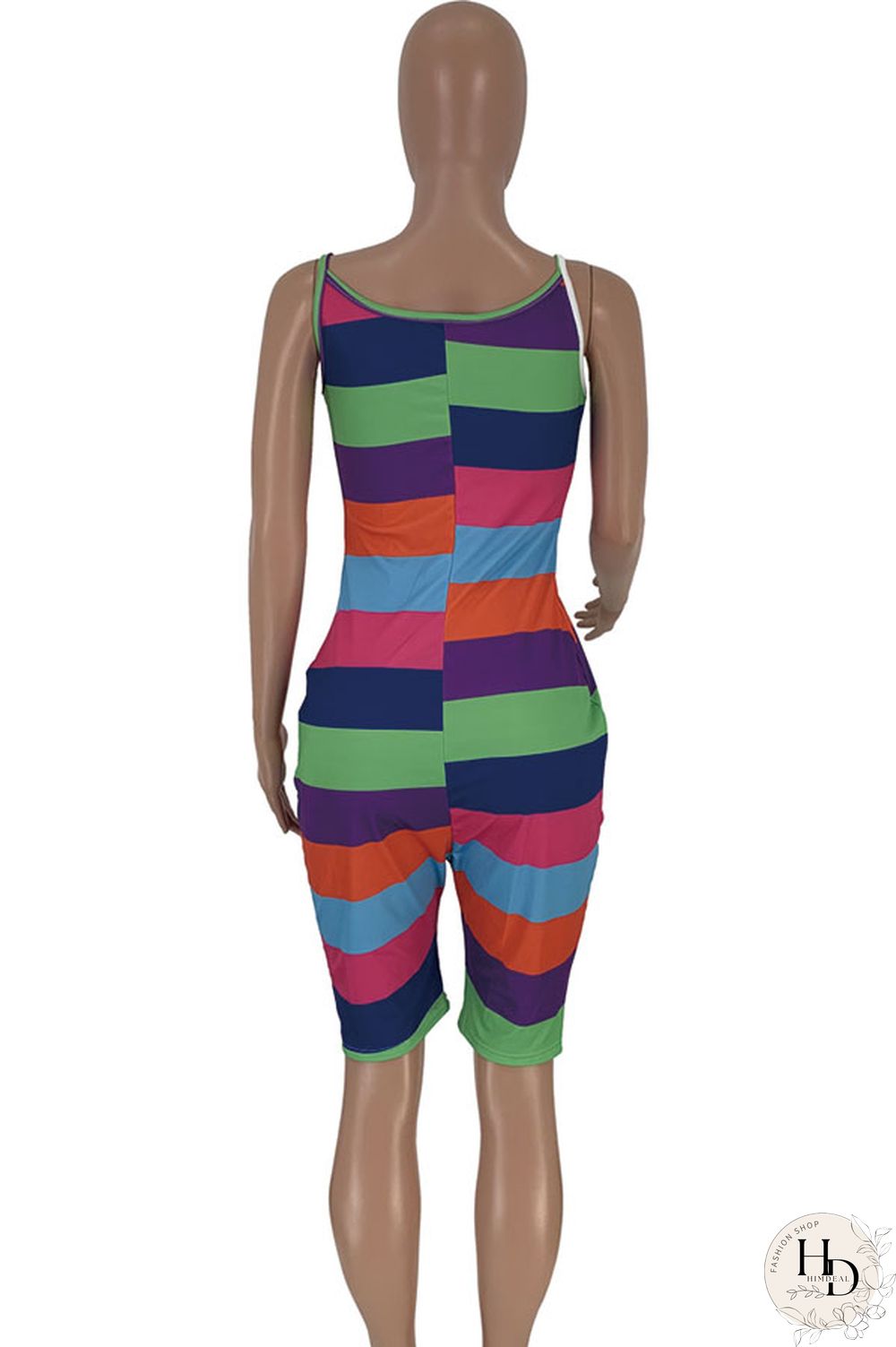 Green Sexy Fashion Patchwork Striped Print Polyester Sleeveless Slip Rompers