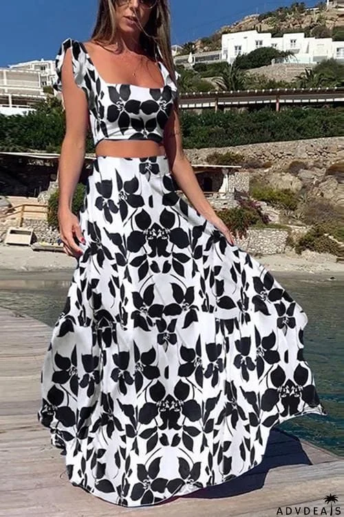 Print Bow Tie Crop Maxi Skirts Set