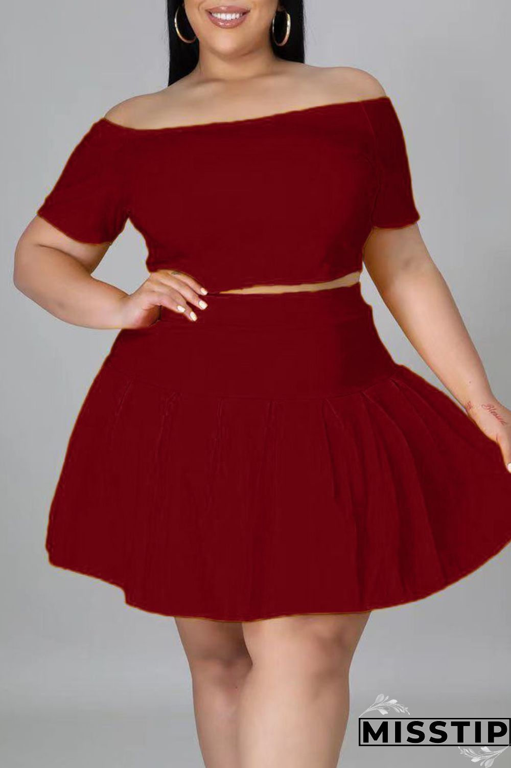 Black Casual Solid Patchwork Off the Shoulder A Line Plus Size Two Pieces