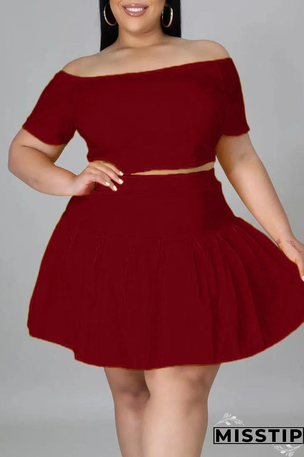 Black Casual Solid Patchwork Off the Shoulder A Line Plus Size Two Pieces