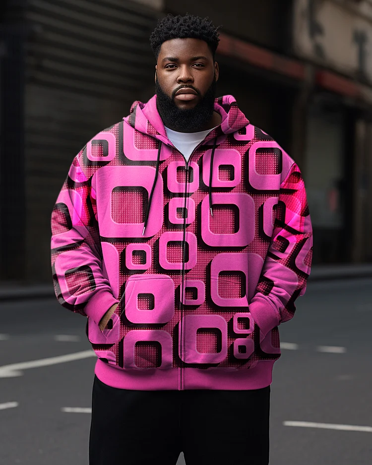 Men's Plus Size Casual Pink Art Square Diamond Zip Hoodie