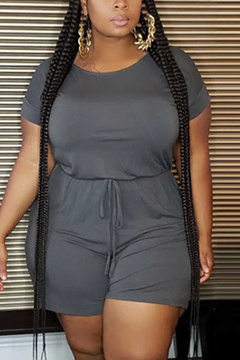 Grey Fashion Casual Short Sleeve Plus Size Romper | EGEMISS