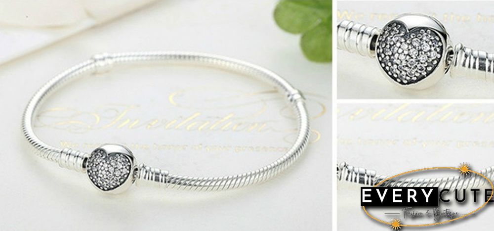 Women Fashion NEW 925 Sterling Silver White Pink Flashing Zircon Arrow Heart Snake Chain Bracelet For European Bangle Bracelet Jewelery Making DIY