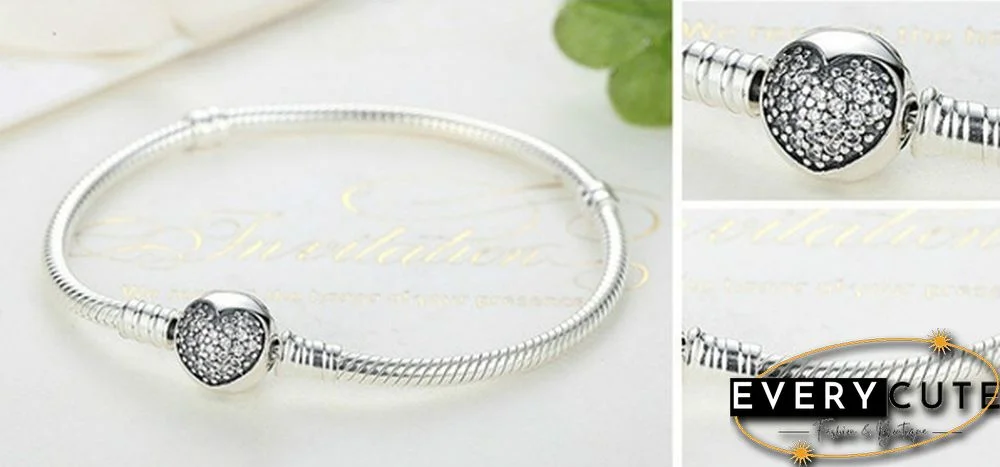 Women Fashion NEW 925 Sterling Silver White Pink Flashing Zircon Arrow Heart Snake Chain Bracelet For European Bangle Bracelet Jewelery Making DIY