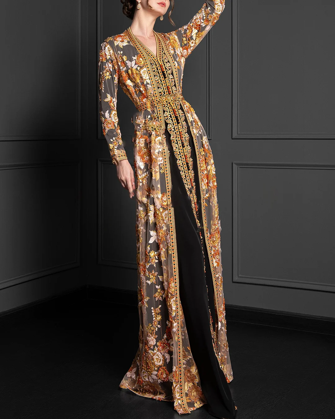 Women's V-Neck Long Sleeve Flower Embroidery Dress ​