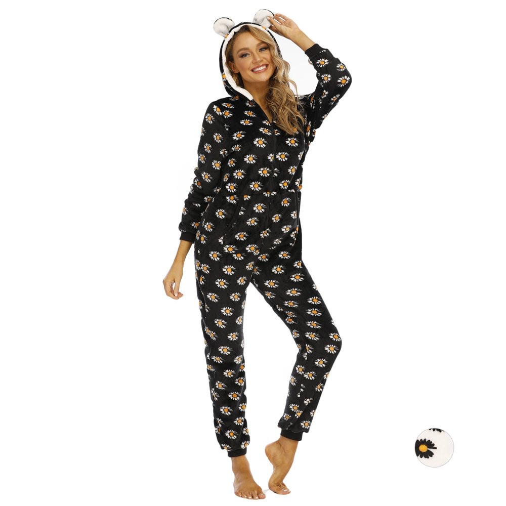 Holiday Adult Women Daisy Flower Printed Hooded Jumpsuits Onesie Pajamas-Pajamasbuy