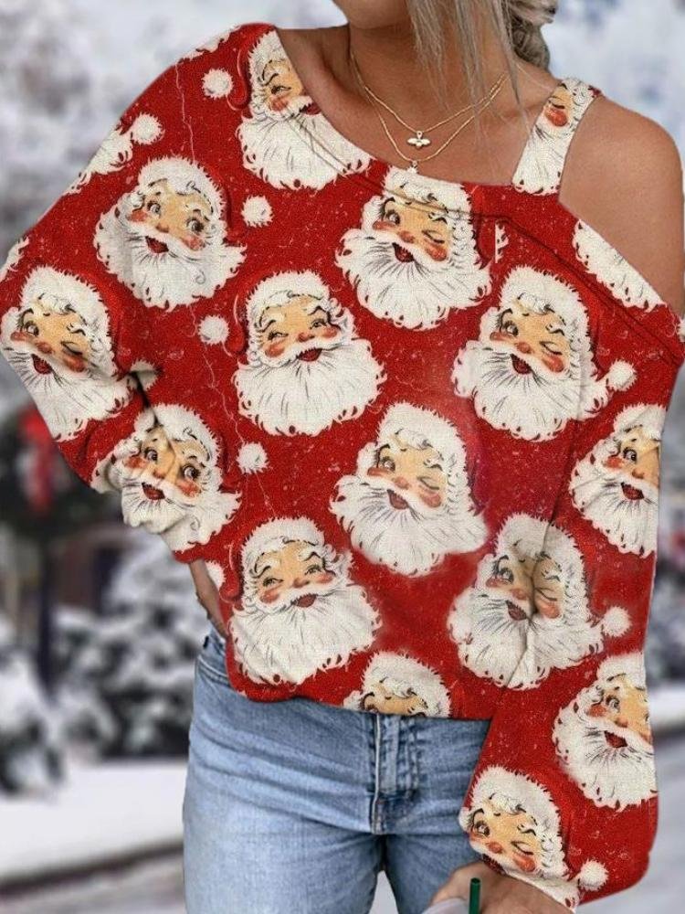 Women's Santa Claus Printed Long Sleeve Round Neck Sweatershirt