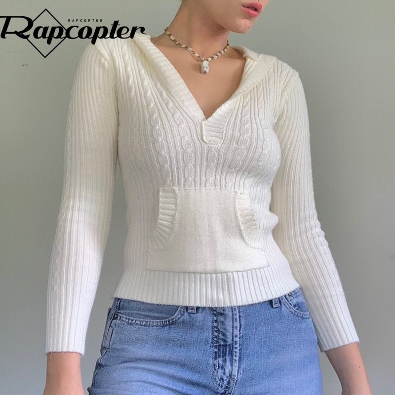 Rapcopter Solid y2k Sweaters Hooded Pockets Jumpers Vintage Long Sleeve Prepply Casual Basic Knitwear Harajuku Retro Women Cloth