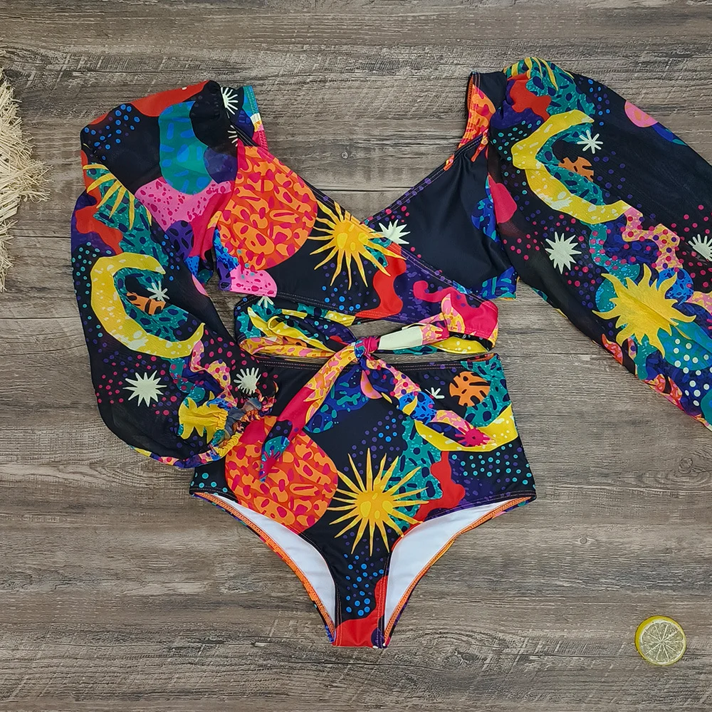 Uveng High-Waisted Split Long-Sleeved Swimsuit Women 2025 New Sexy Dew Back Cross-Tie With Deep V Bikini