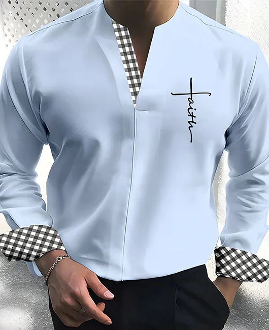 Casual V Neck Grid Letter Pattern Long Sleeve Shirt 