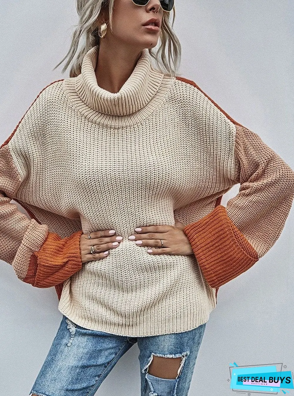 Women Fall/Winter New Style Lapel Contrast Color Pullover Sweater