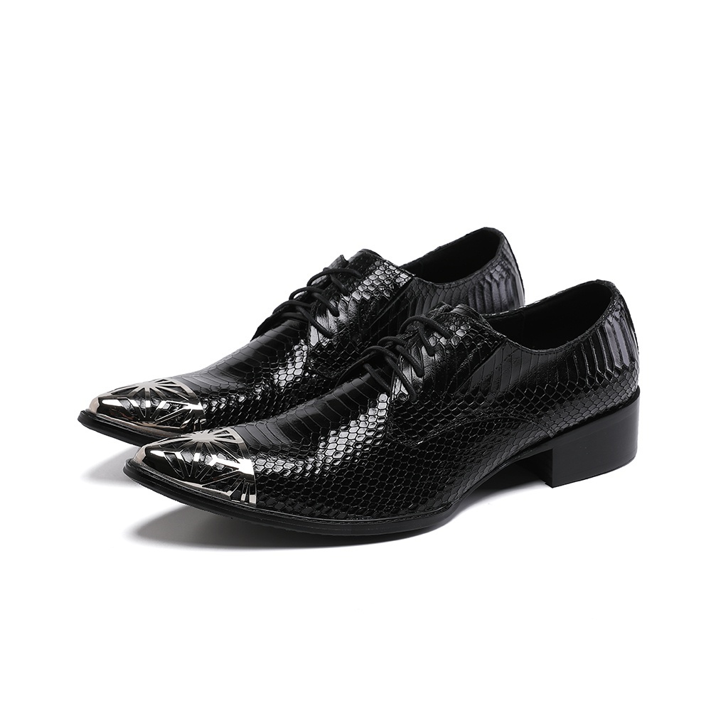Pointed Toe Metal Tip Leather Black Color Lace Up Sexy Oxfords Shoes
