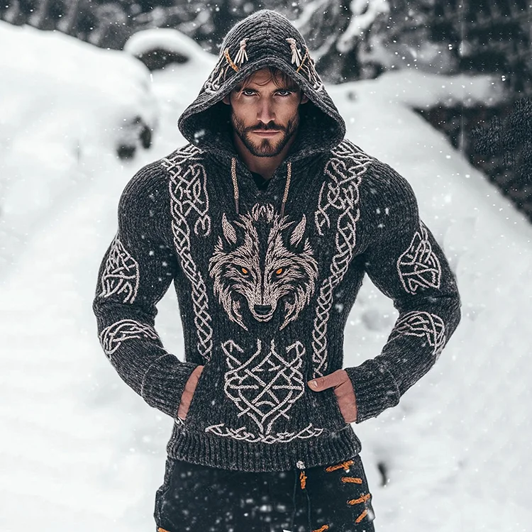 Men's Viking Tribal Wolf Embroidery Inspired Knit Pocket Hooded Sweater