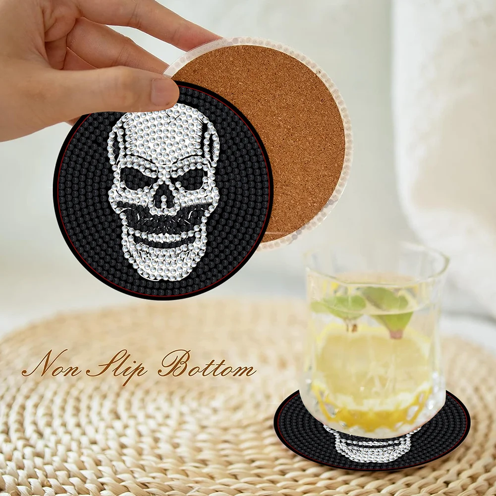 8pcs DIY Skull Acrylic Diamond Painting Coasters Kits with Holder for Beginner