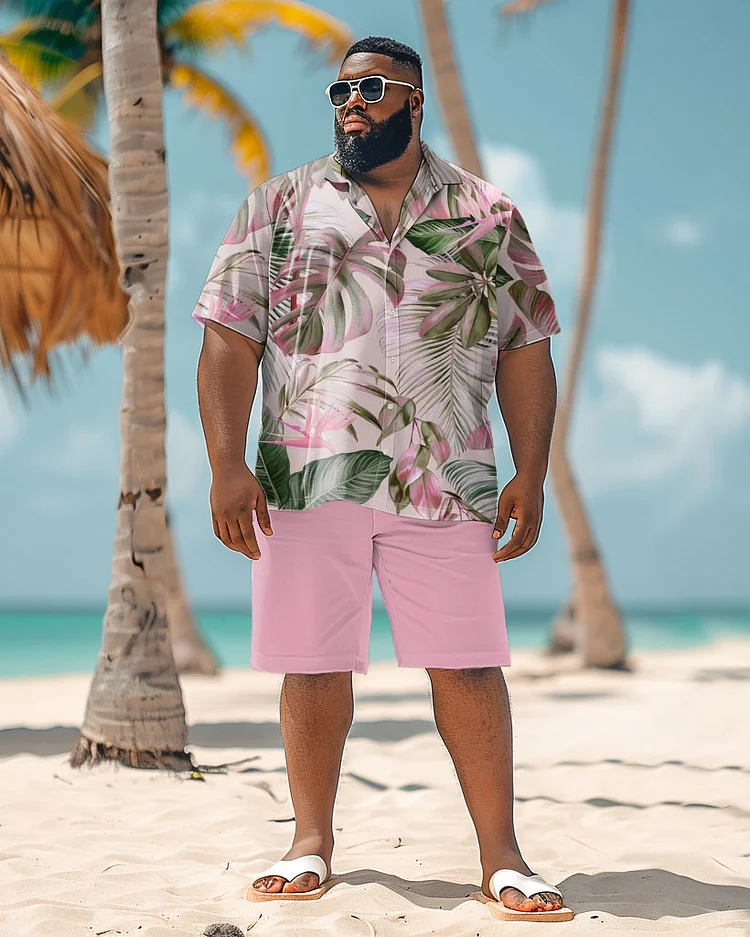 Men's Plus Size Hawaiian Plant Print Shirt Shorts Suit
