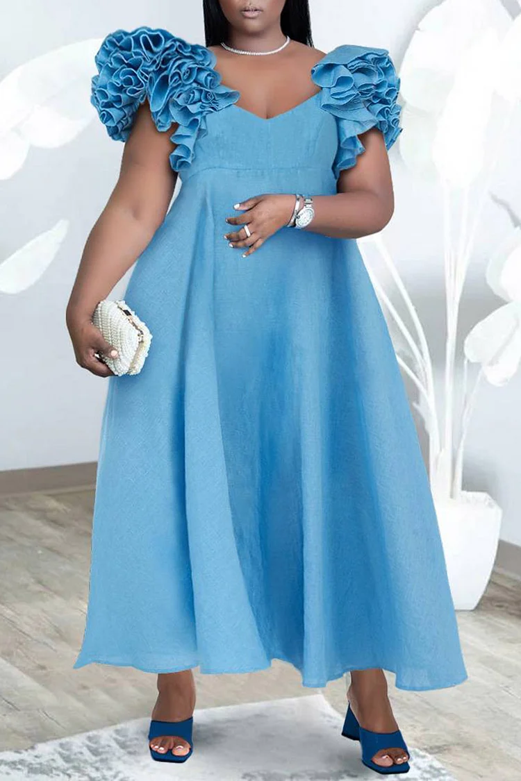 Plus Size Blue Daily V-neck Ruffle Sleeve Denim Midi Dresses 