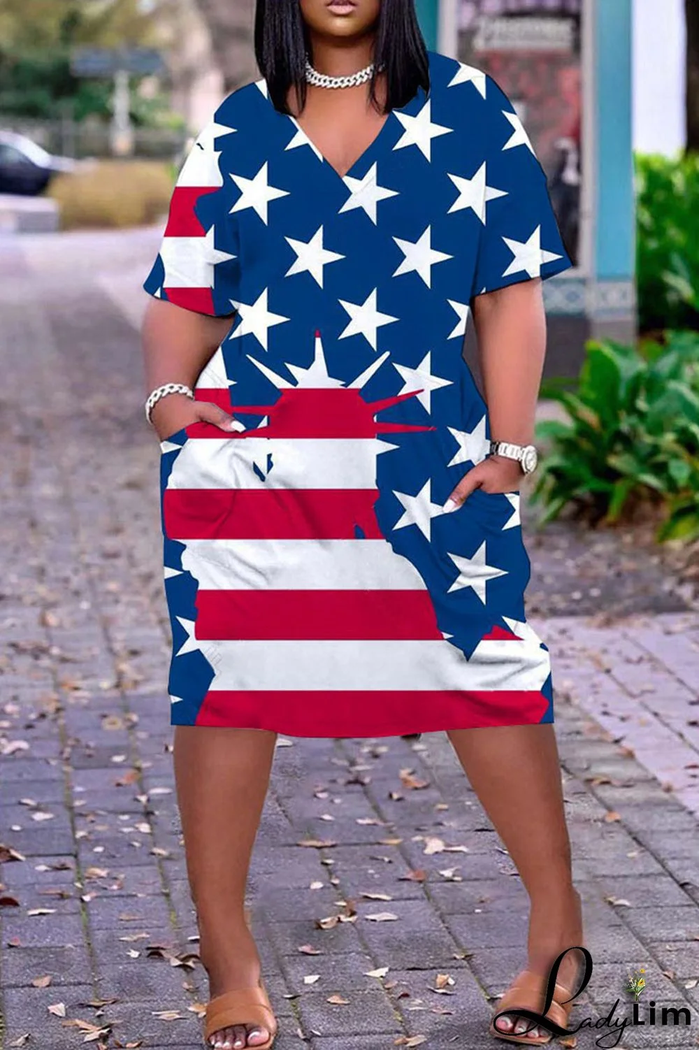 Deep Blue Casual Print Patchwork V Neck Dresses