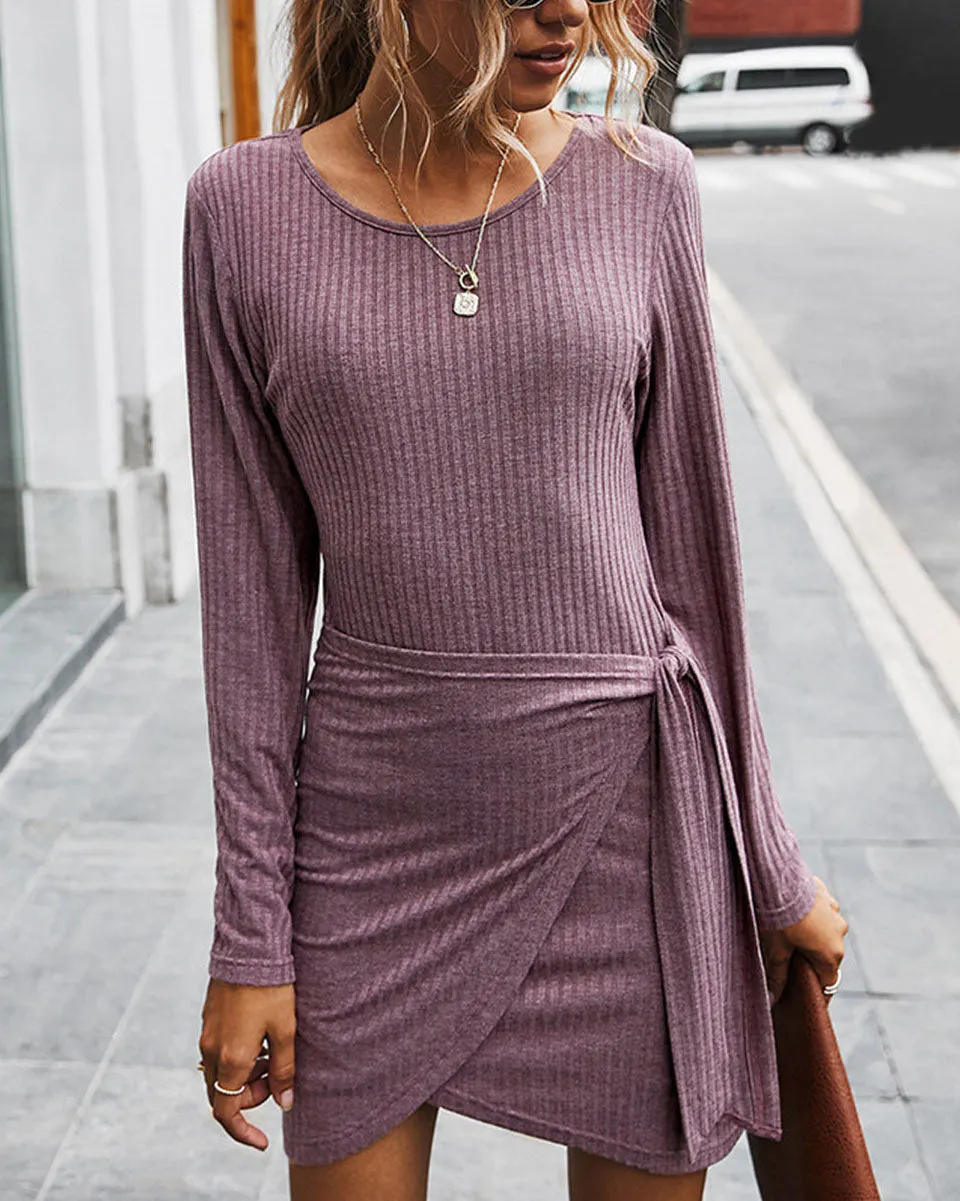 Ribbed Long Sleeve Wrap Dress with Tie Waist