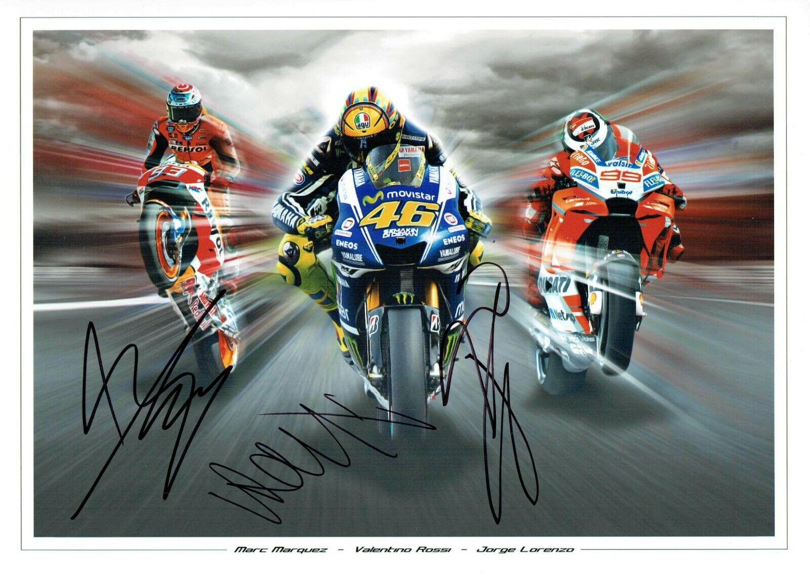 Marc MARQUEZ, Valentino ROSSI & Jorge LORENZO RARE SIGNED 16x12 Photo Poster painting AFTAL COA