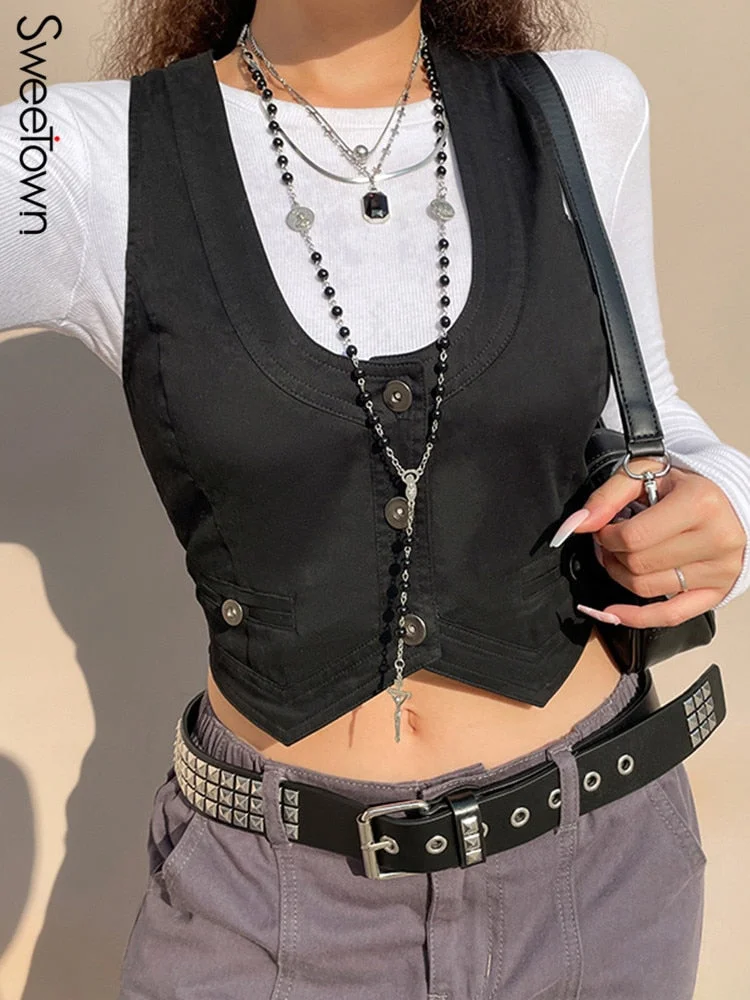 Sweetown 2021 Black Button Streetwear Vest Tops Women Cute Insta Outfits High Street O Neck Casual Tanks Cropped Girl Techwear