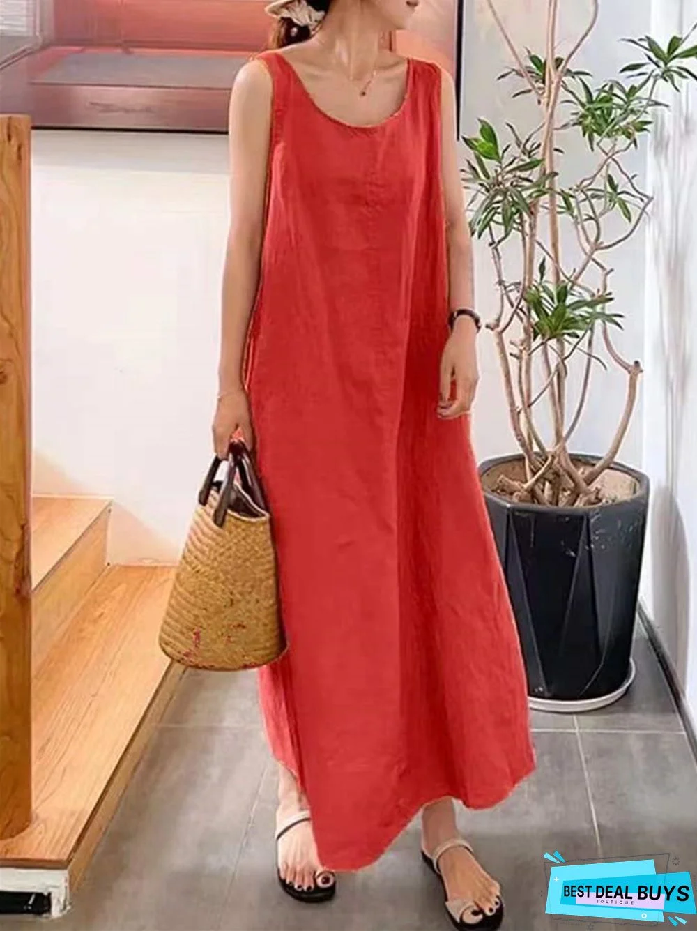 Long Suspender Cotton Linen Simple Style Loose Pocket Round Neck Temperament Sleeveless Dress