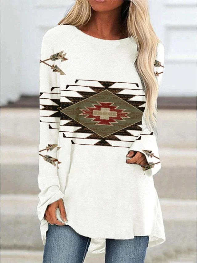 Western Print Mid Length Irregular Long Sleeve Shirt