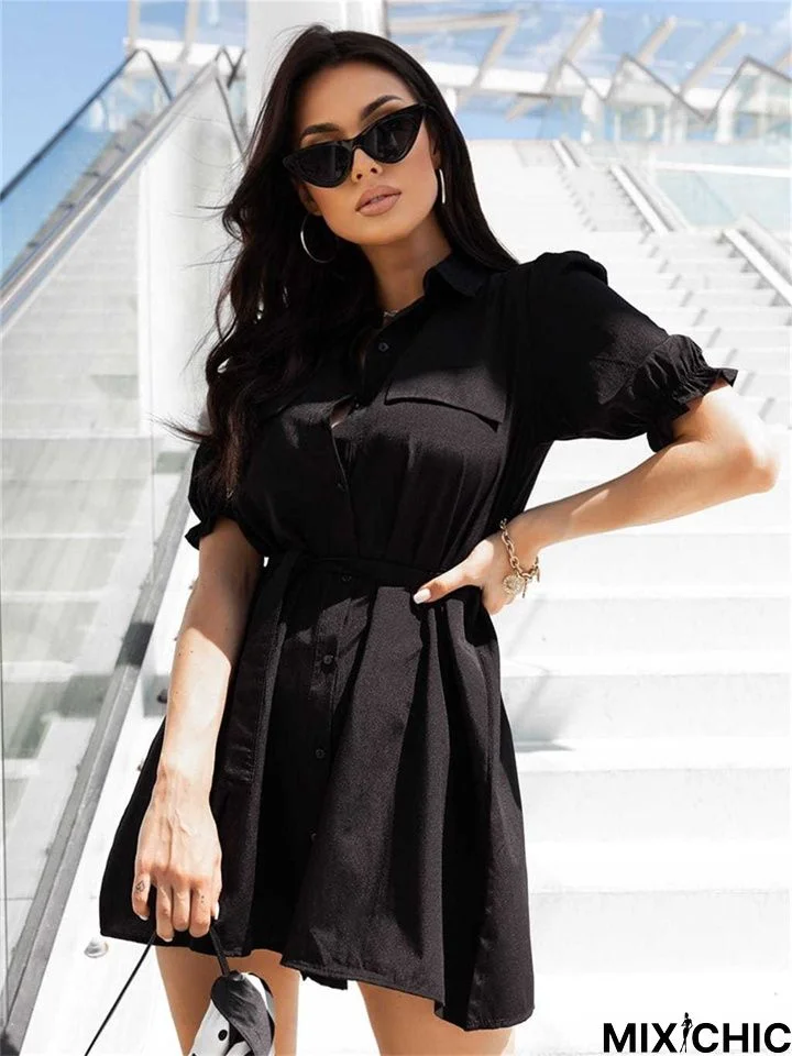 Commute Simple Short-Sleeved Lapel Shirt Dress