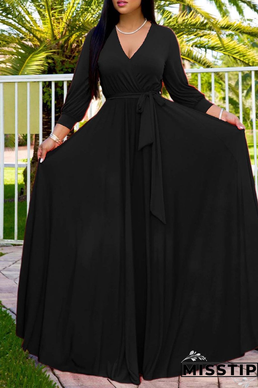 Rose Red Fashion Casual Solid Bandage V Neck Long Sleeve Dresses