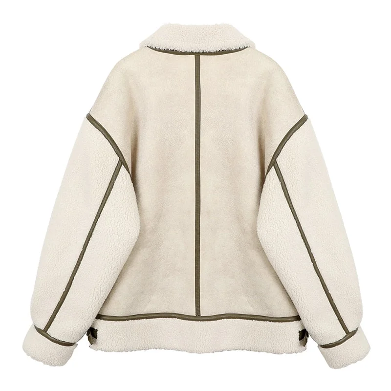 FTLZZ Winter Lambs Wool Splicing PU Leather Jacket Women Fur Collar Warm Thick Parkes Stand Collar Faux Lamb Loose Leather Coat