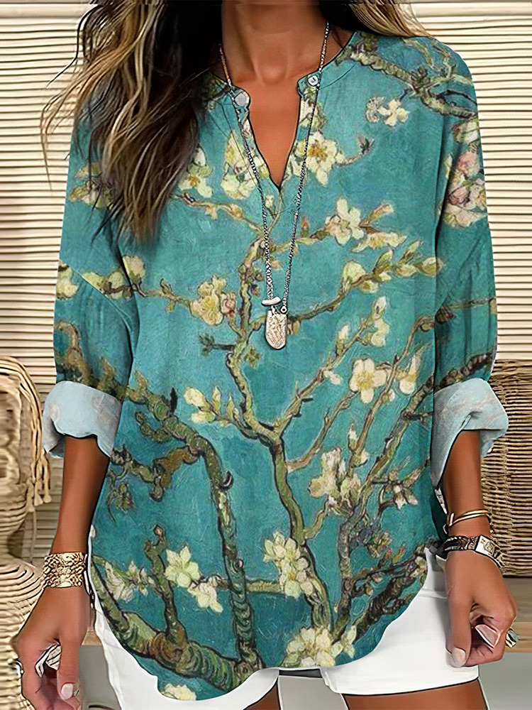 Comstylish Vintage Floral Painting Japanese Art Linen Blend Tunic