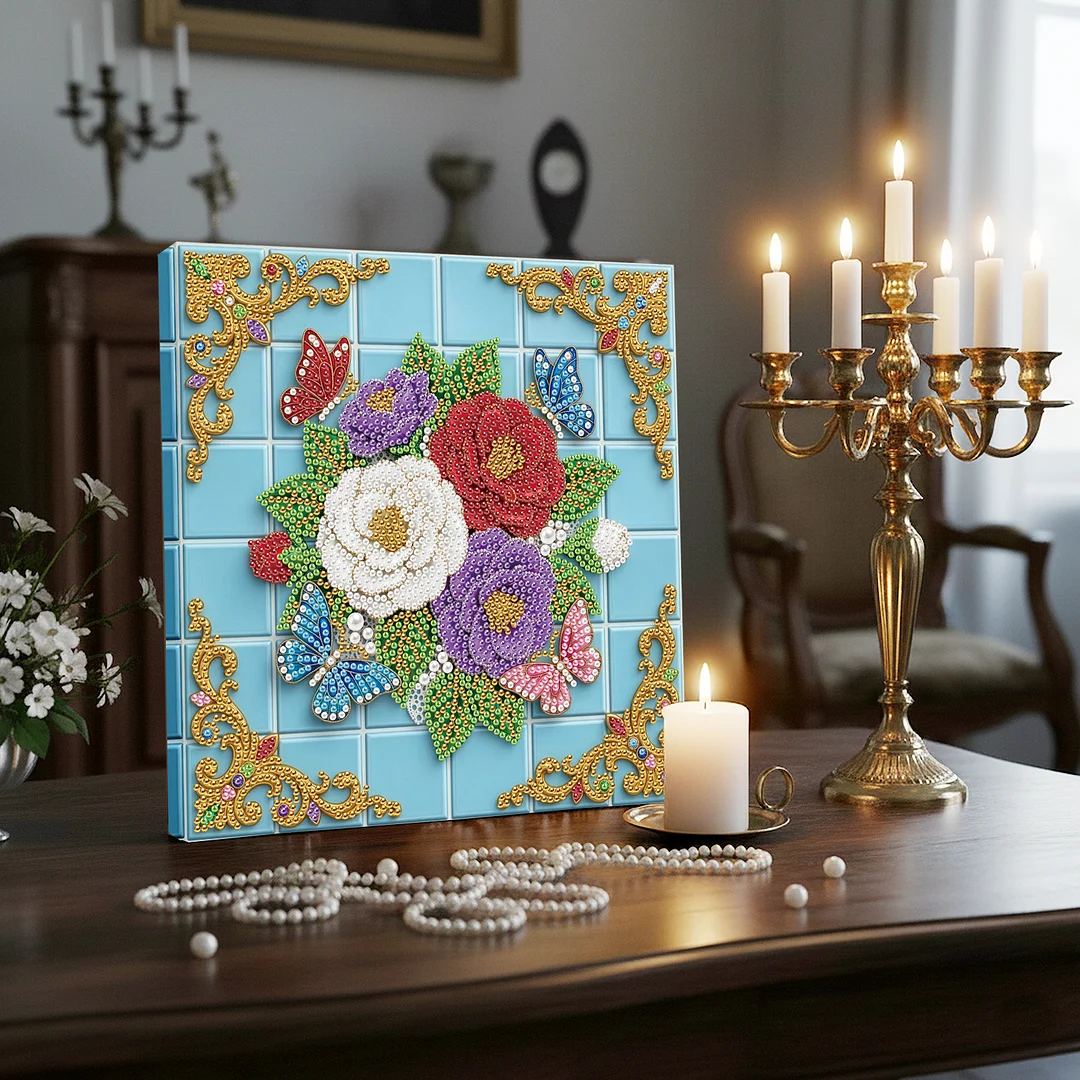 Butterfly Flowers - DIY Pearl Diamond Art Kit With Frame 25*25cm