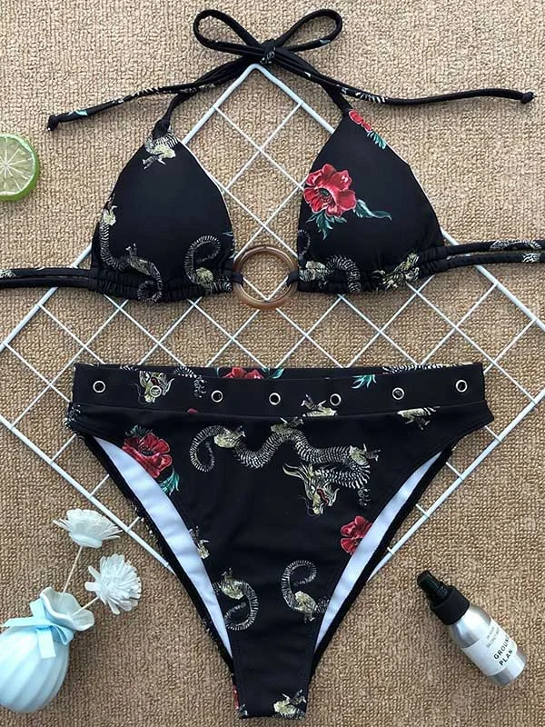 Chinese Style Printed Split Bikini Swimsuit 