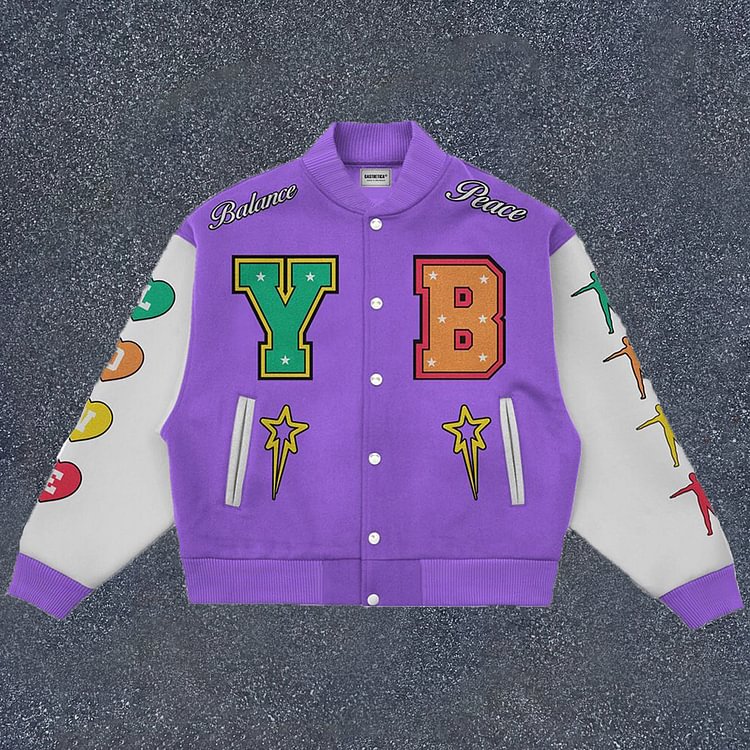 Fashionable preppy retro color-block print baseball jacket