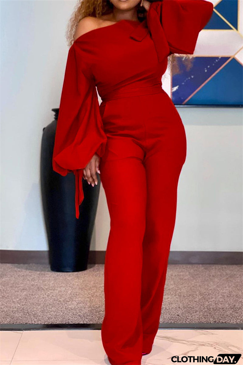 Fashion Casual Solid Bandage Oblique Collar Regular Jumpsuits(3 Colors)