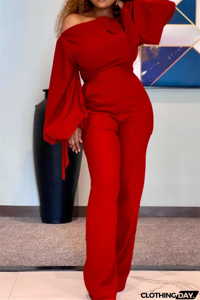 Fashion Casual Solid Bandage Oblique Collar Regular Jumpsuits(3 Colors)