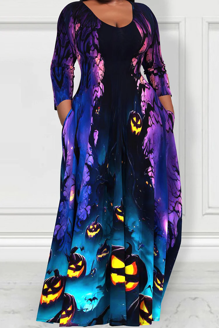 Xpluswear Design Plus Size Halloween Purple Horror Pumpkin Lantern Tree Print Pockets Long Sleeve Maxi Dresses Purple-2XL/18-20 Xpluswear Design Plus Size Halloween Purple Horror Pumpkin Lantern Tree Print Pockets Long Sleeve Maxi Dresses Purple-2XL/18-20